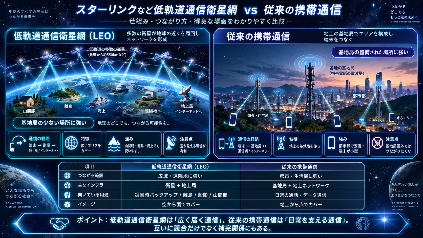 低軌道通信衛星網（LEO）と従来の携帯通信の比較図